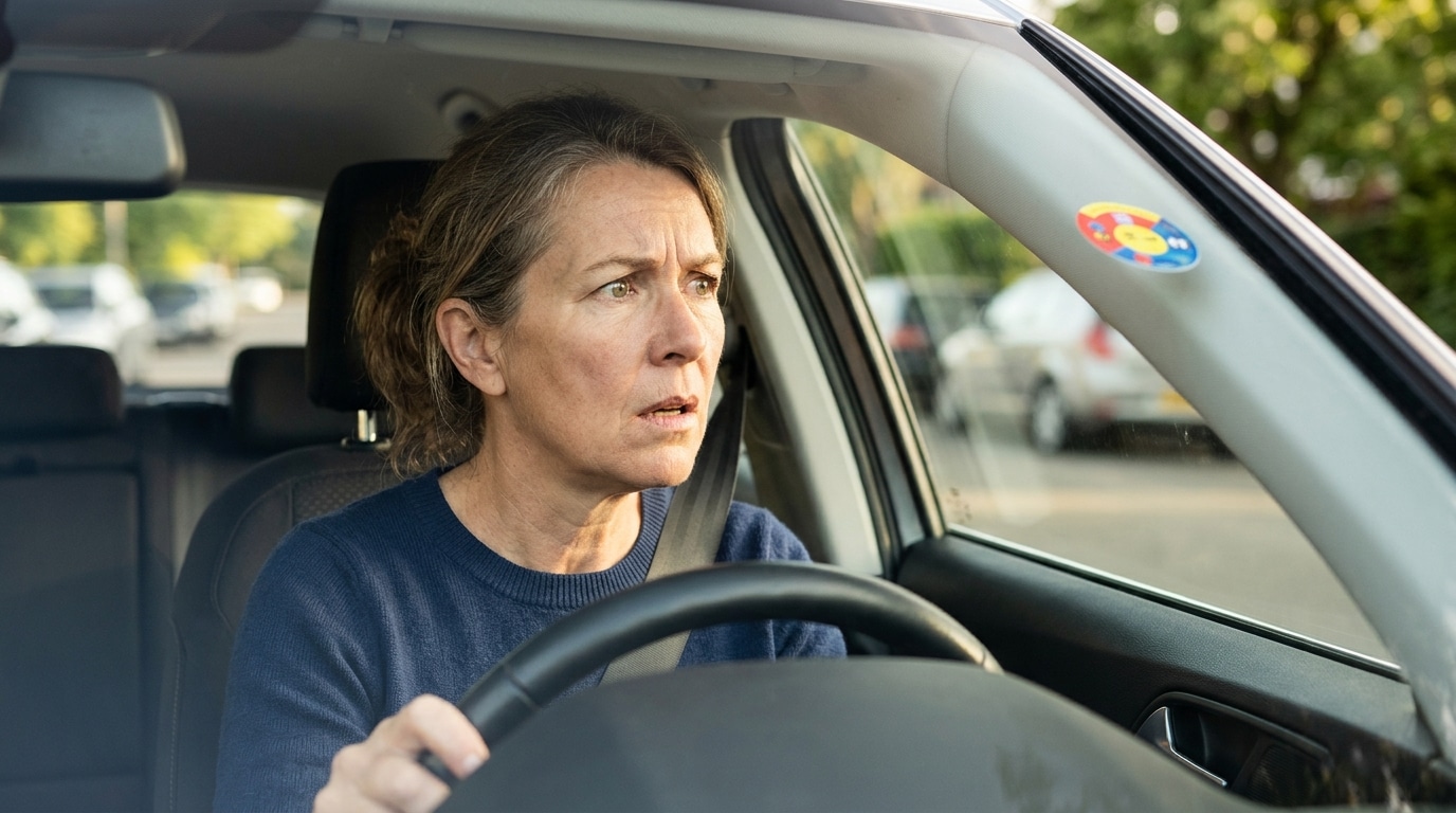 Automobiliste inquiet devant un autocollant sur son pare-brise