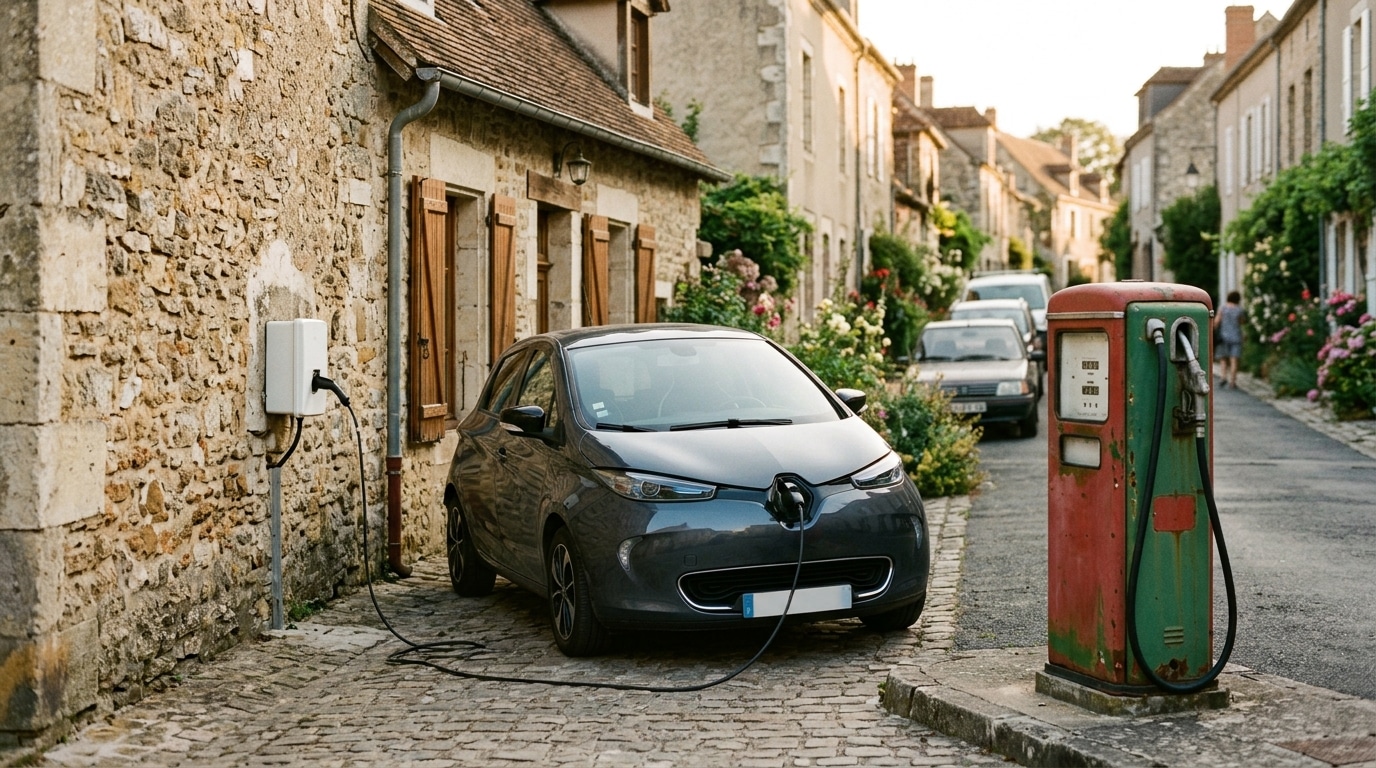 Voiture électrique en charge à côté d'une pompe à essence