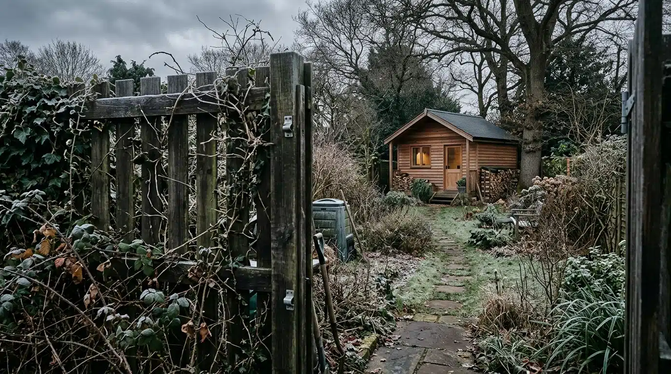 Petit chalet en bois au fond d'un jardin de lotissement