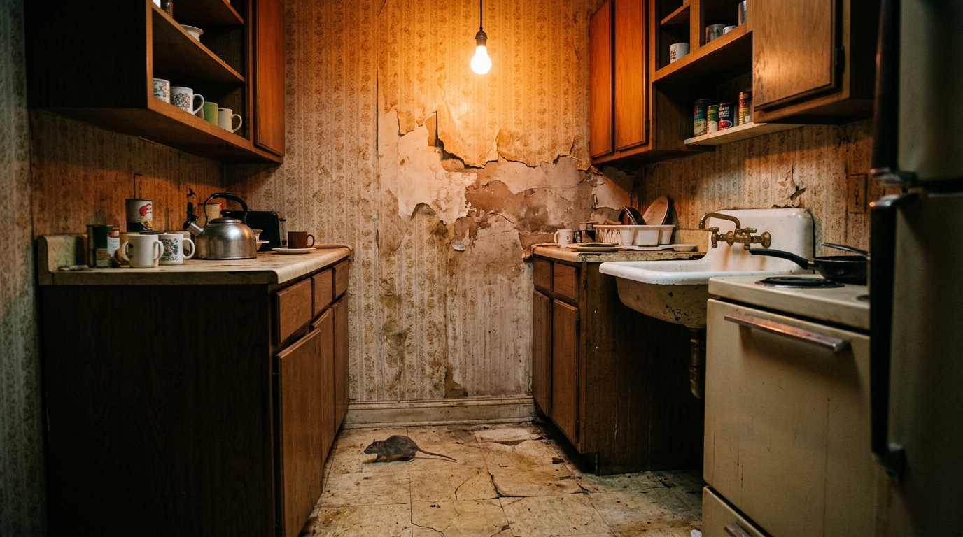 Cuisine d'un appartement modeste des années 70 avec un rat sur le sol