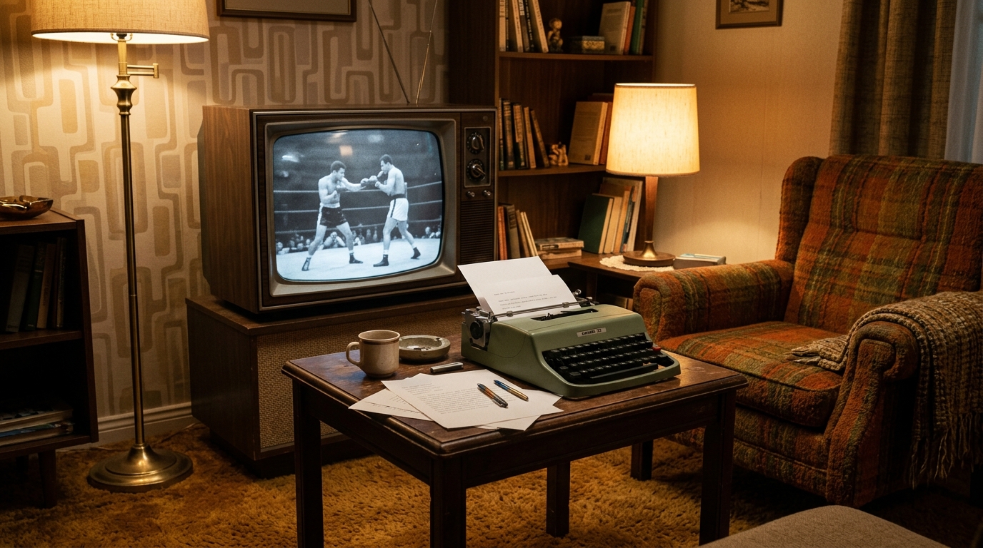 Salon des années 70 avec téléviseur diffusant un combat de boxe et machine à écrire