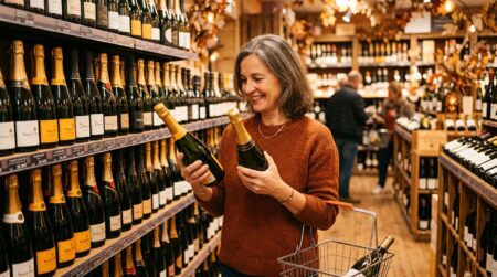 Femme comparant deux bouteilles de champagne en rayon
