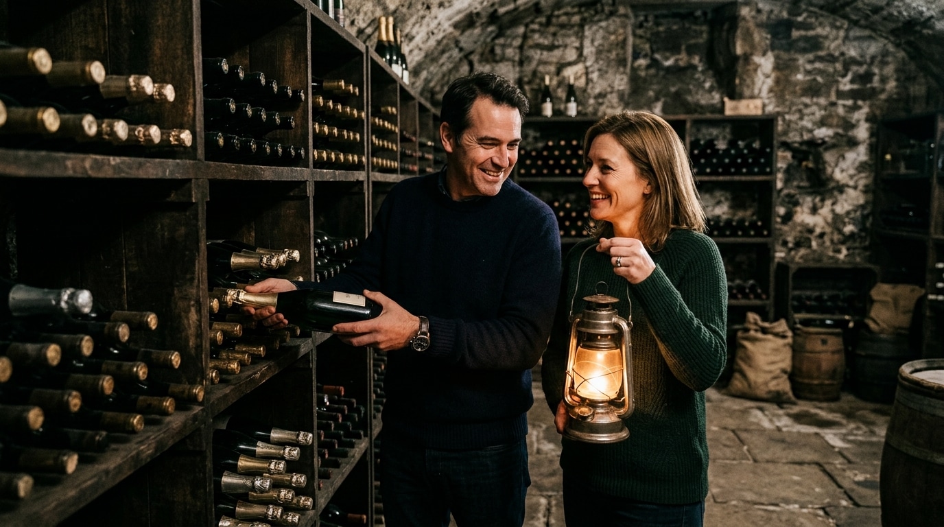Couple rangeant des bouteilles de champagne dans une cave