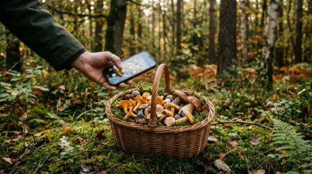 Panier de champignons sauvages et smartphone au sol