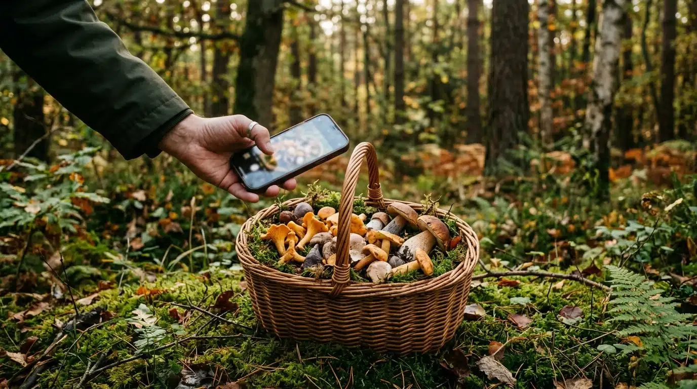 Panier de champignons sauvages et smartphone au sol