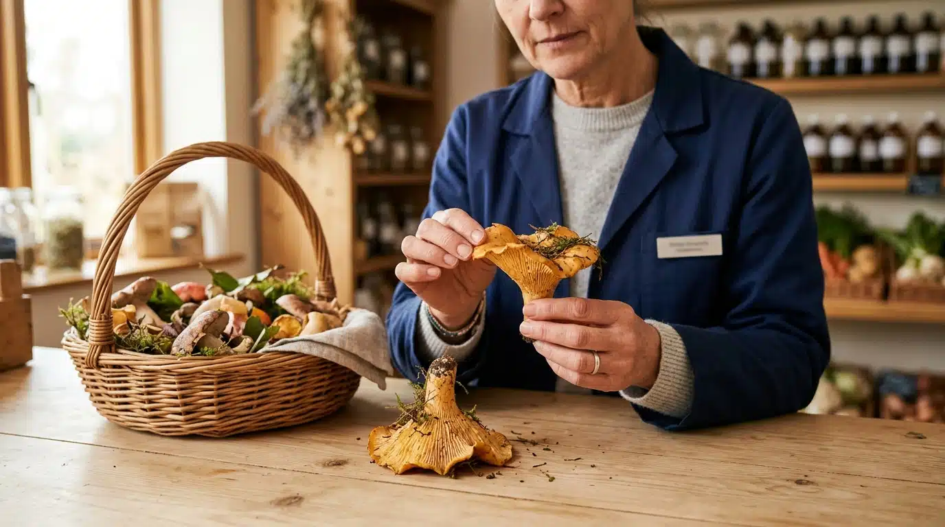 Mains d'un pharmacien examinant un champignon cueilli