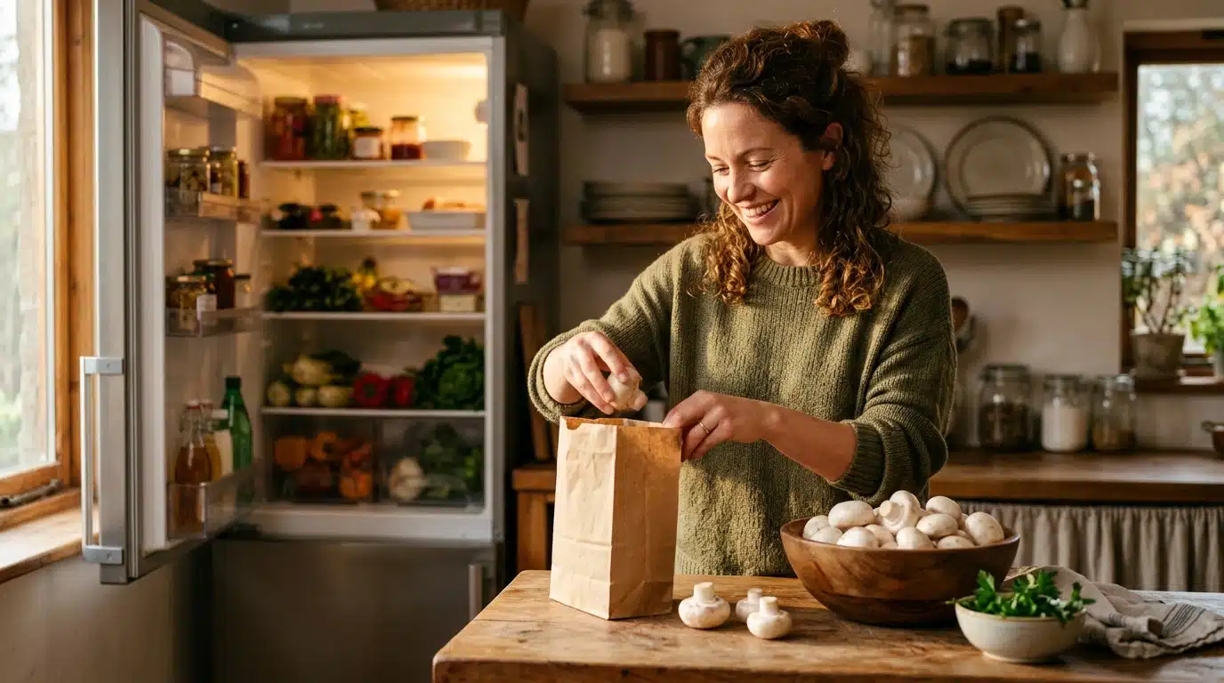 Femme rangeant des champignons dans un sac en papier