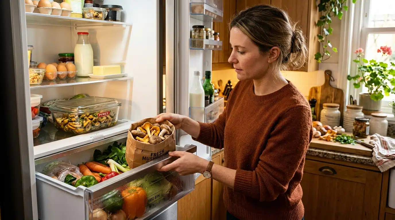 Champignons rangés dans le bac à légumes du frigo