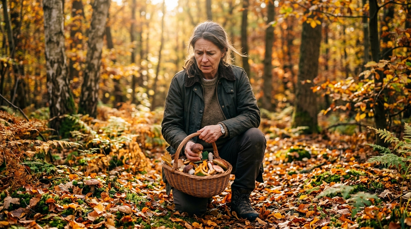 Cueilleuse inquiète avec un panier de champignons en forêt