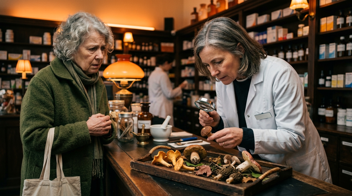 Pharmacien examinant une cueillette de champignons à la loupe