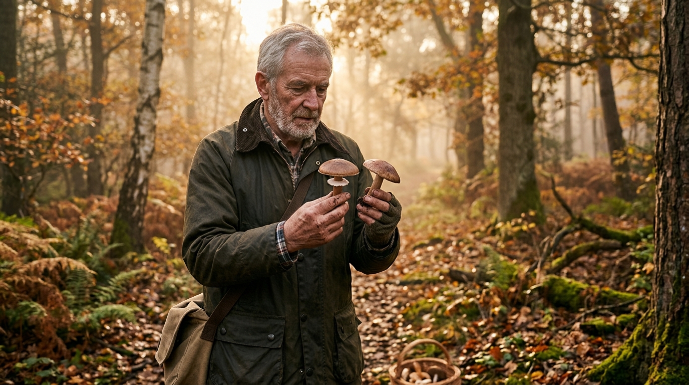 Cueilleur comparant deux champignons qui se ressemblent