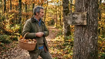 Cueilleur de cèpes lisant un panneau sur un arbre en forêt