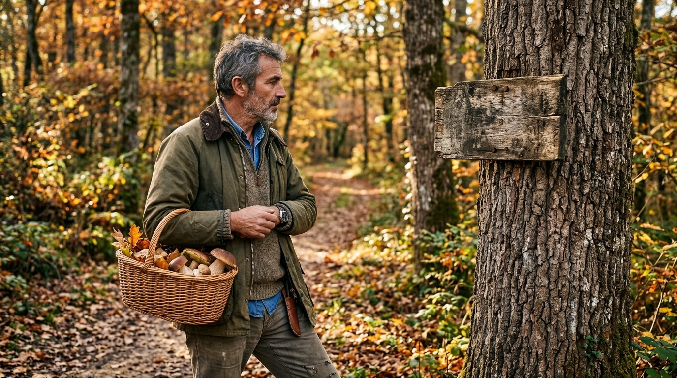 Cueilleur de cèpes lisant un panneau sur un arbre en forêt