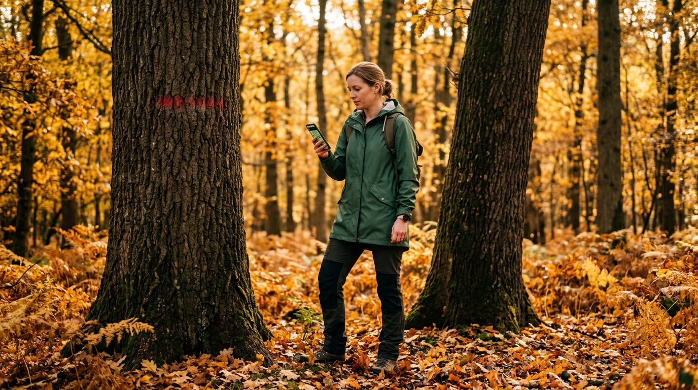 Femme consultant le cadastre sur son téléphone dans un bois