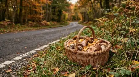 Panier de champignons sauvages posé au bord d’une route