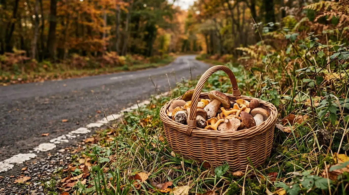 Panier de champignons sauvages posé au bord d’une route