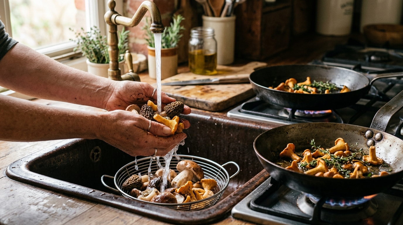 Mains rinçant des champignons sous l’eau dans un évier