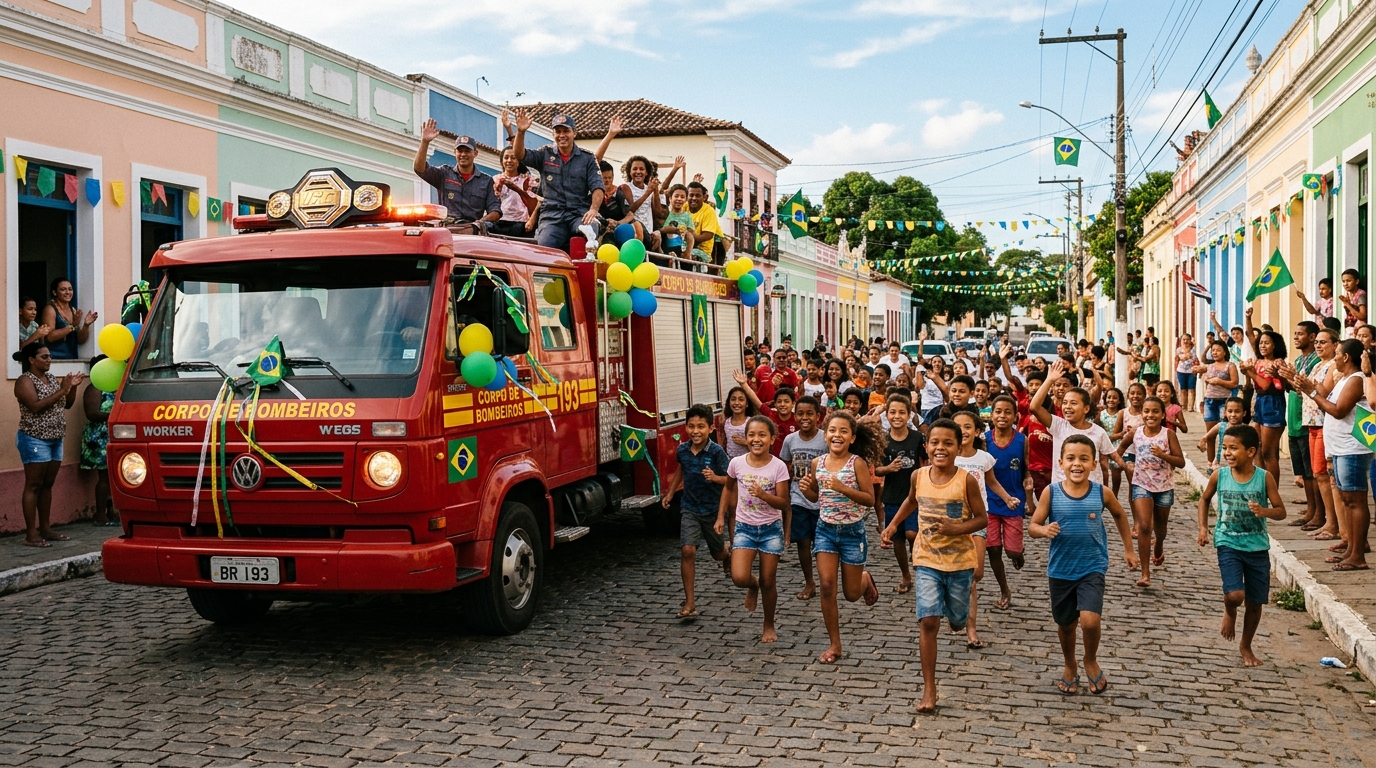 Camion de pompiers suivi par des enfants joyeux