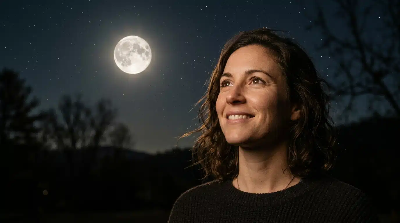 Femme souriante levant les yeux vers la pleine lune