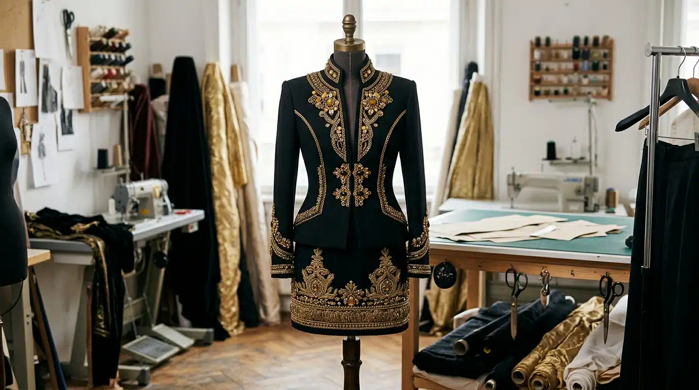 Tailleur noir couture aux bijoux dorés sur mannequin d'atelier