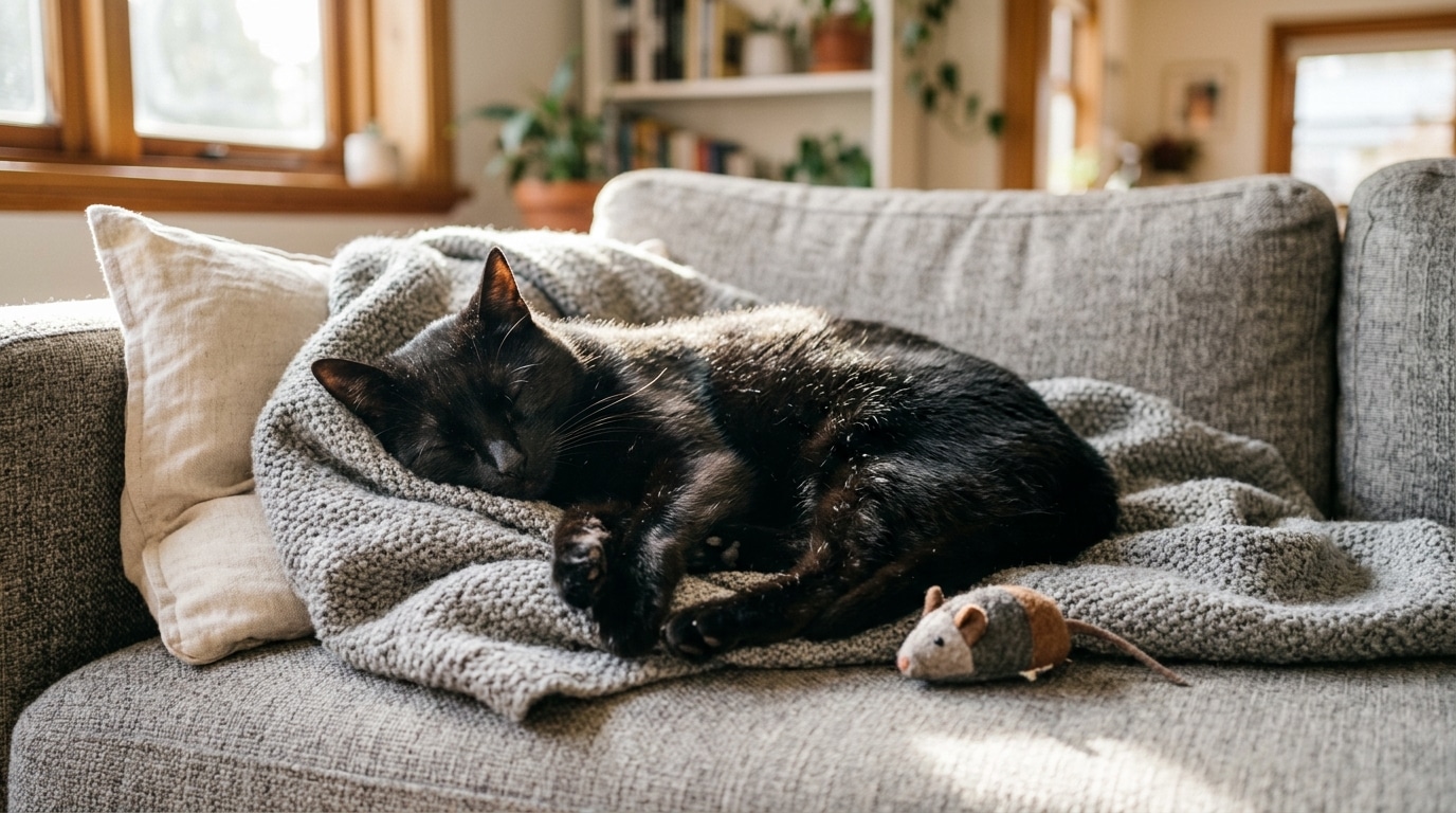 Chatte tachetée de blanc endormie sur un canapé ensoleillé