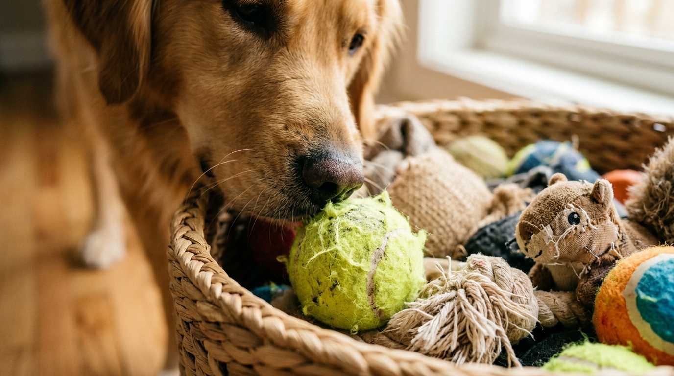 Balle de tennis usée dans un panier de jouets pour chien