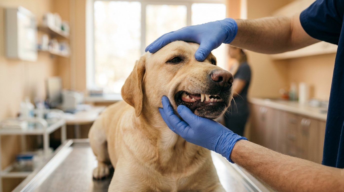 Mains gantées examinant les dents d'un labrador calme