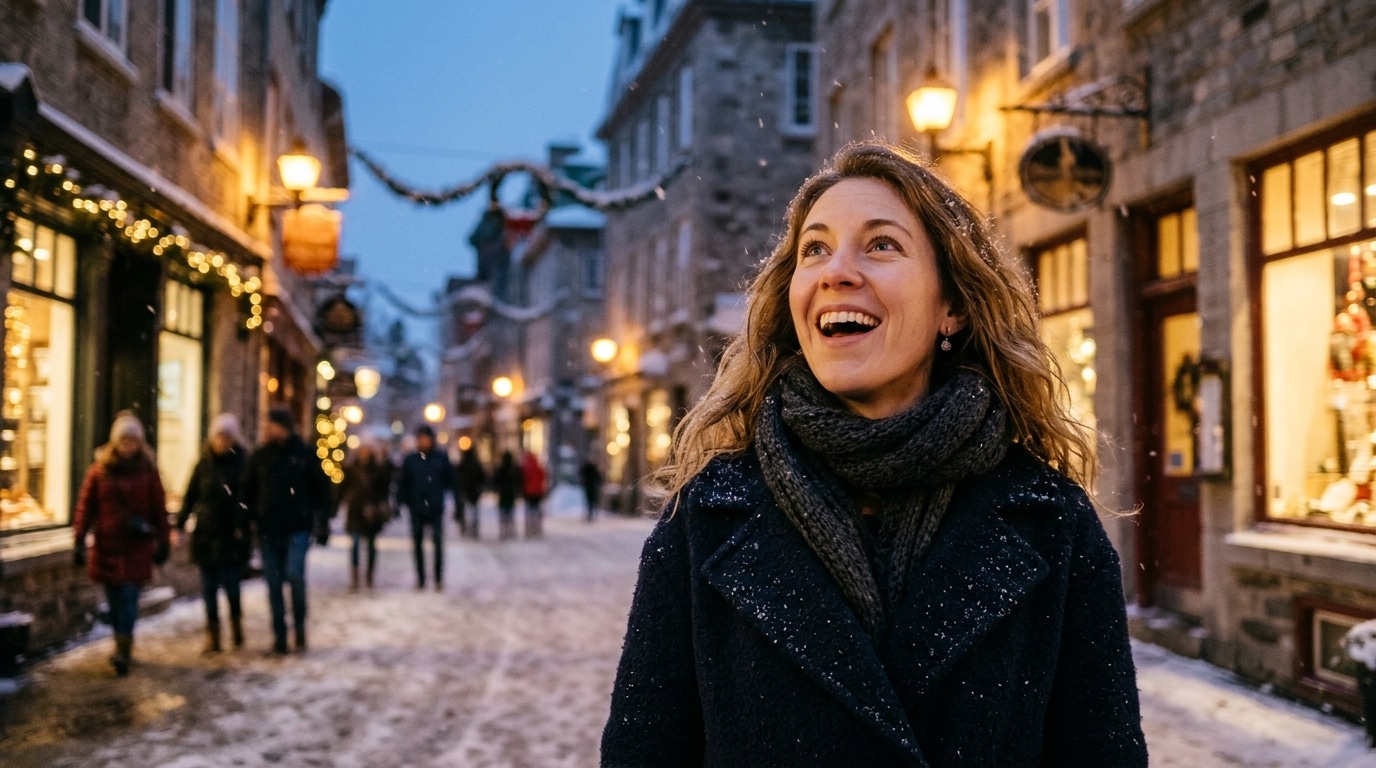 Femme émerveillée dans une rue enneigée au crépuscule