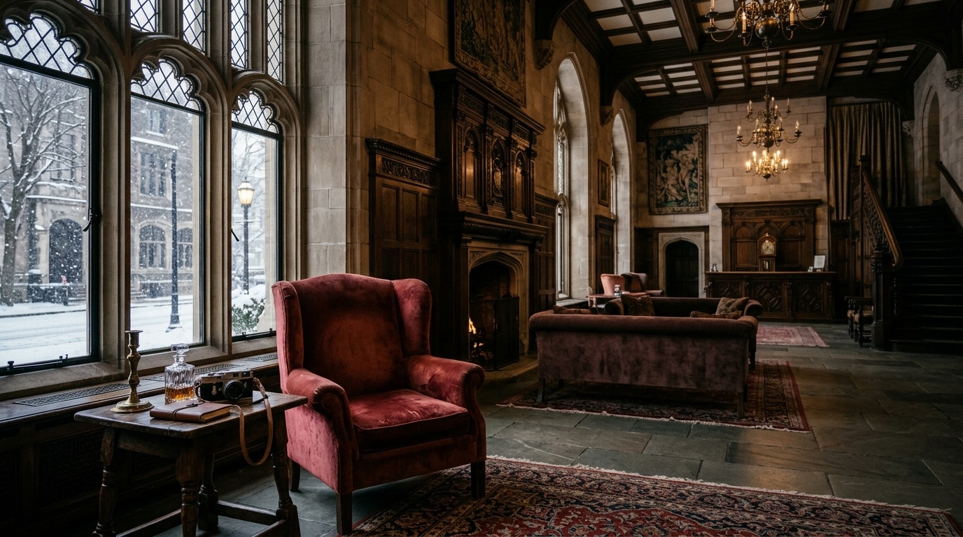 Hall d'hôtel gothique enneigé avec caméra vintage