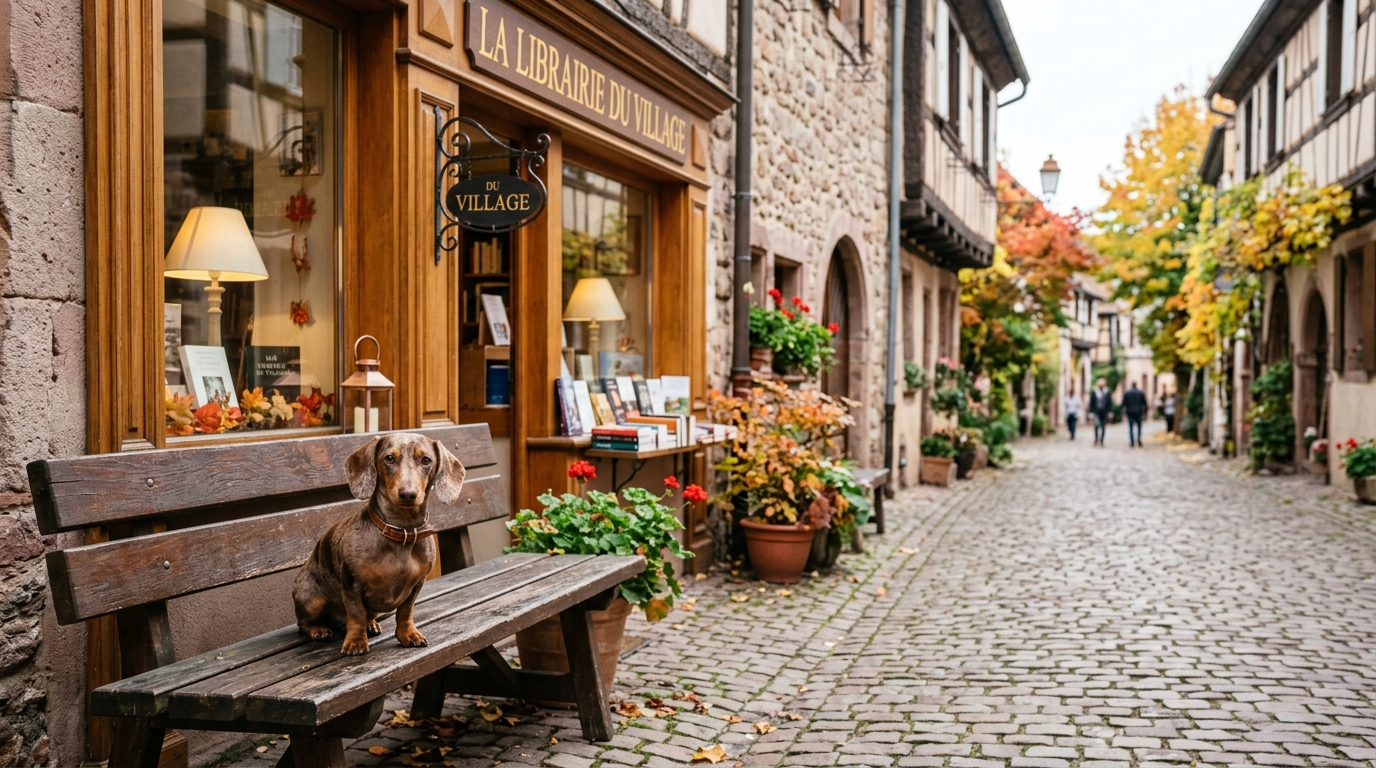 Teckel assis sur un banc devant une librairie