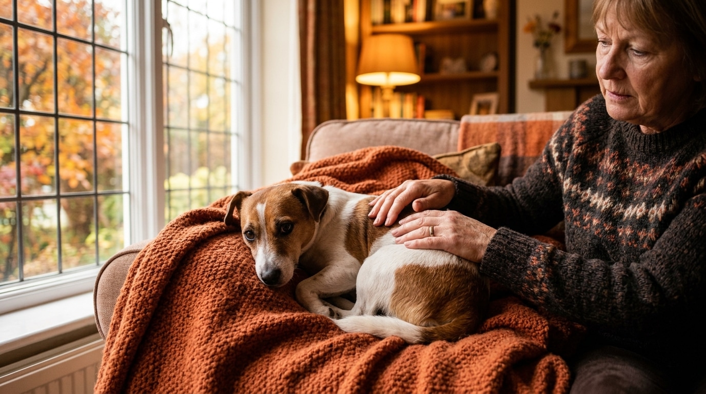 Petit chien à poil ras qui tremble sur une couverture