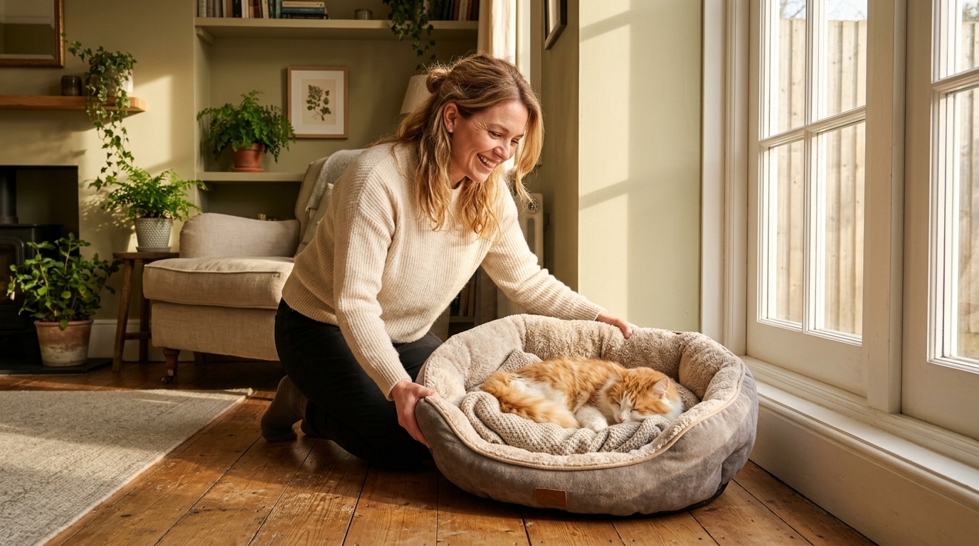 Chat installé dans un panier moelleux au coin du salon