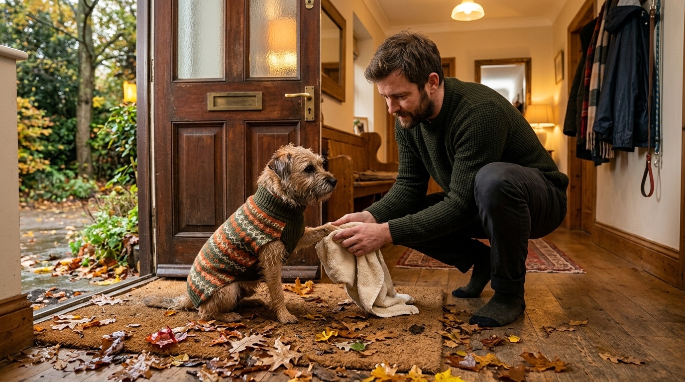 Maître essuyant les pattes de son chien après la balade