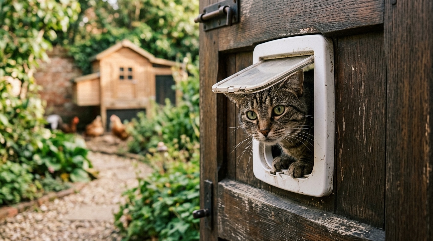 Chat tigré passant la tête par une chatière ouverte