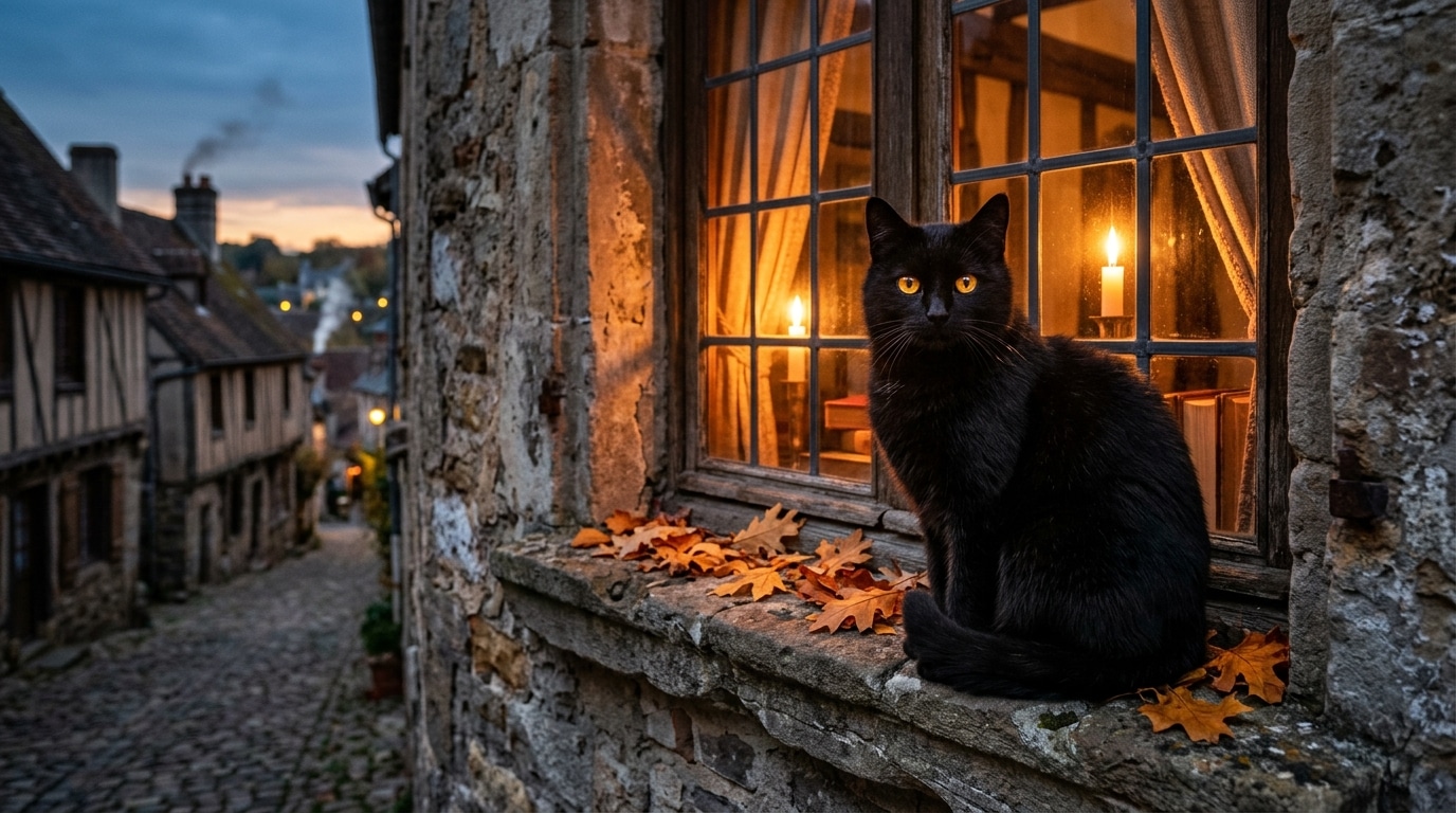 Chat noir aux yeux ambrés sur un rebord de fenêtre