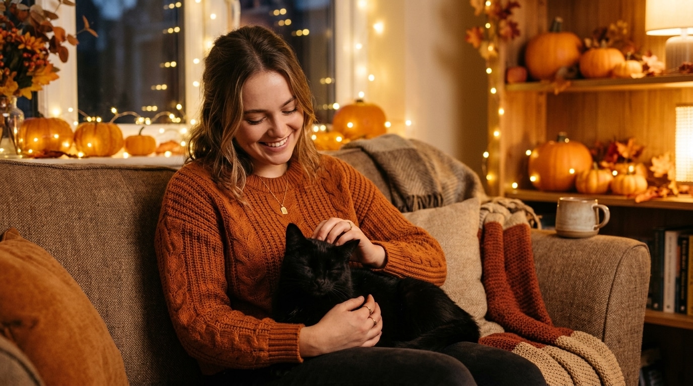 Femme caressant un chat noir sur un canapé près de citrouilles