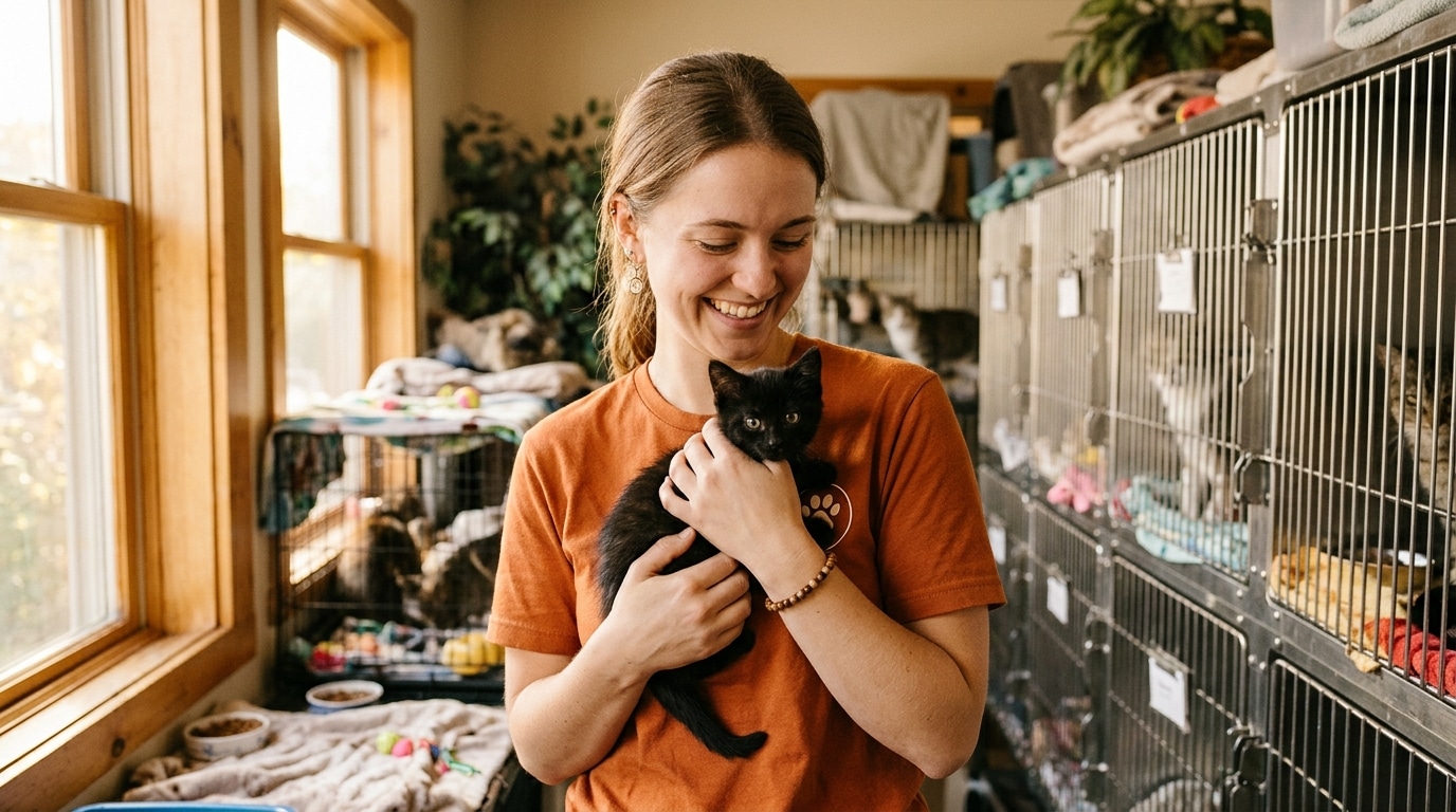Bénévole de refuge portant un chaton noir dans ses bras