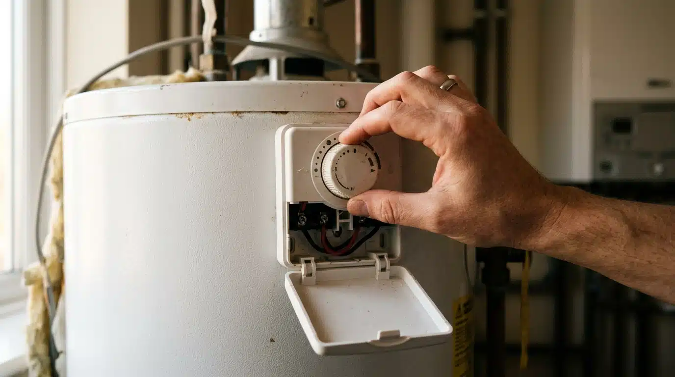 Main tournant la molette d'un chauffe-eau électrique