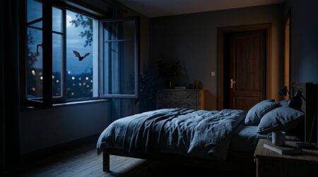 Fenêtre ouverte sur la nuit et chauve-souris en vol