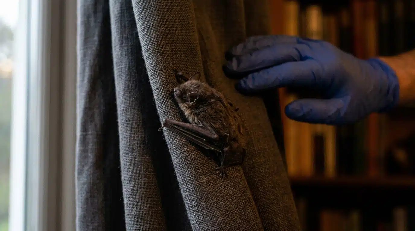 Petite chauve-souris accrochée à un rideau dans une chambre