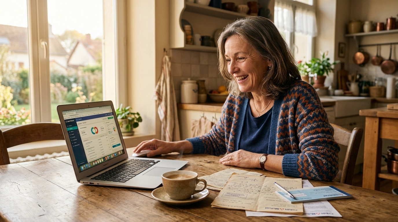 Femme surprise devant son ordinateur à la recherche de comptes oubliés