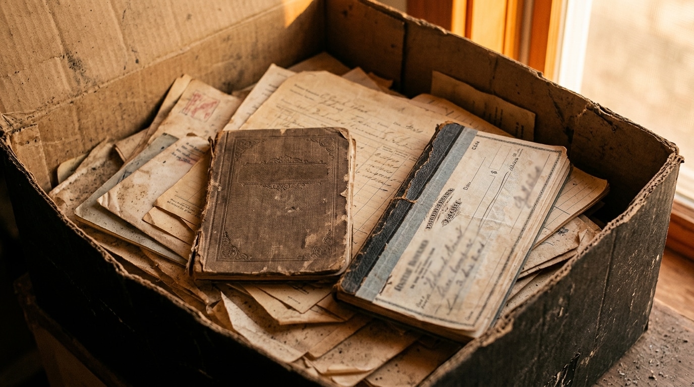 Vieux chéquier et livret d'épargne dans une boîte de documents