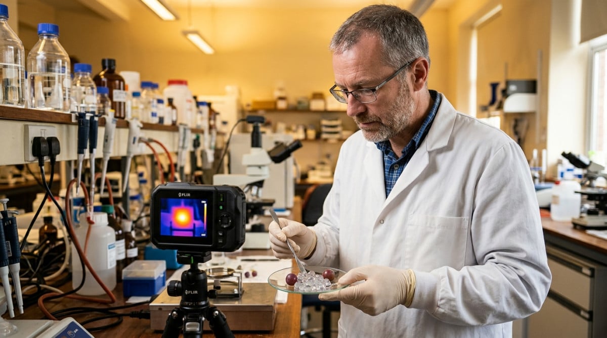 Chercheur avec raisins et billes d'hydrogel devant une caméra thermique