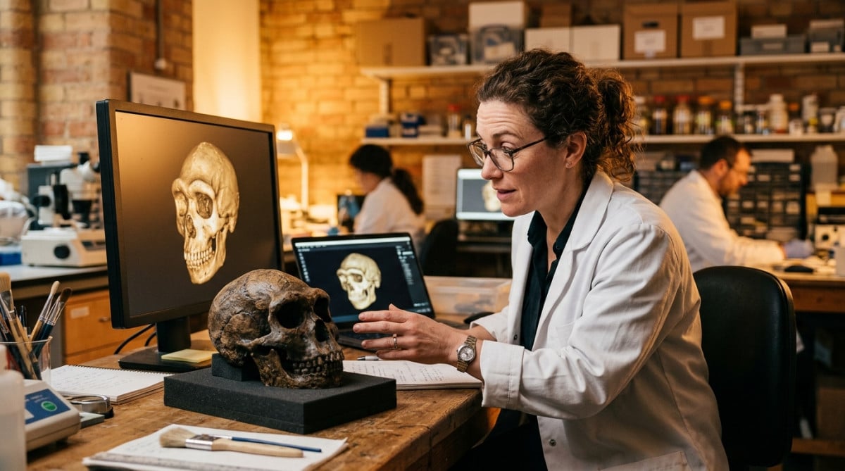 Chercheuse comparant un crâne fossile et sa modélisation 3D