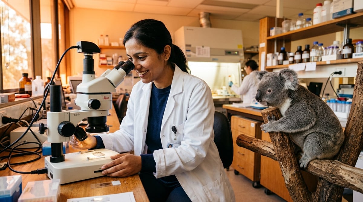 Chercheuse observant au microscope des empreintes, koala à côté