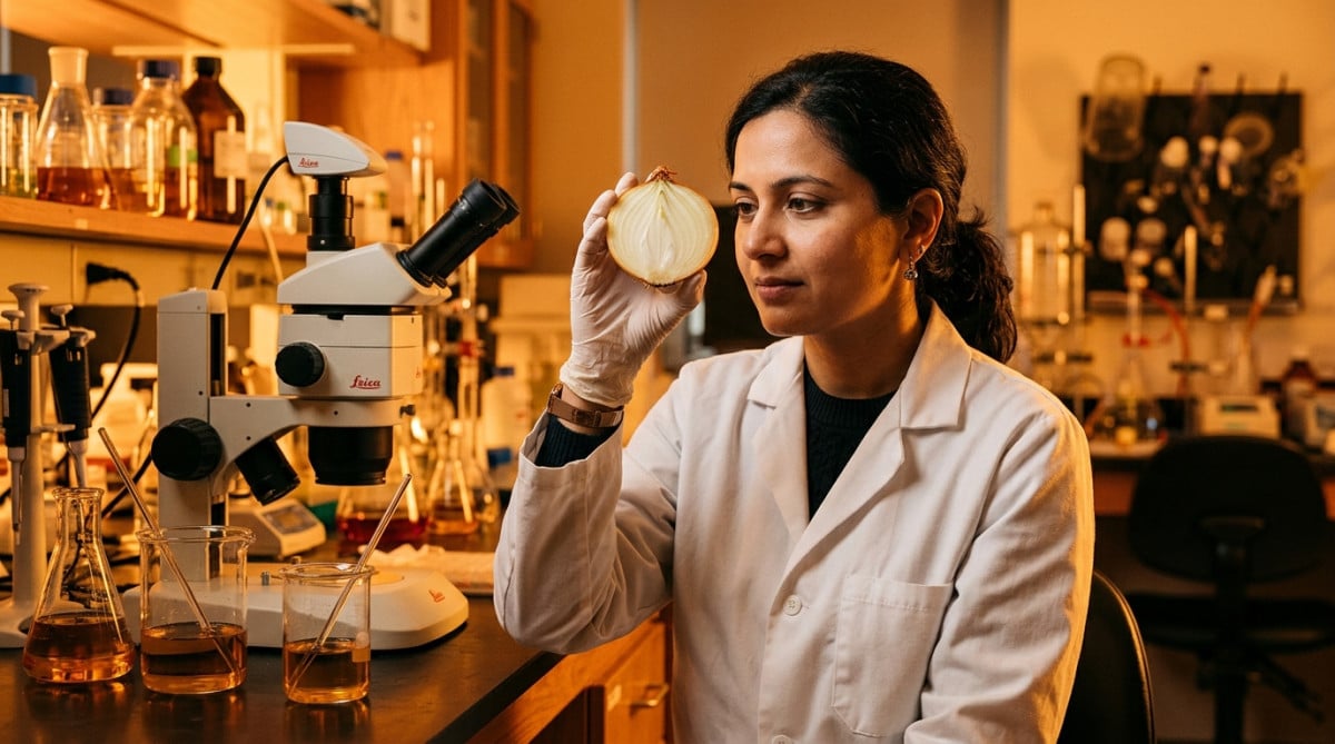 Chercheuse observant un oignon coupé en laboratoire