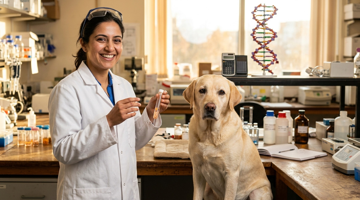 Chercheuse souriante avec un labrador et un modèle d'ADN