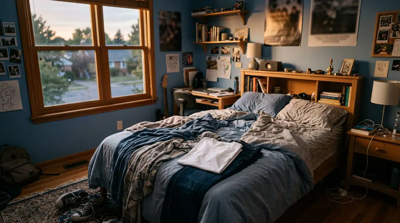 Chambre d'ado vide avec jean et T-shirt posés