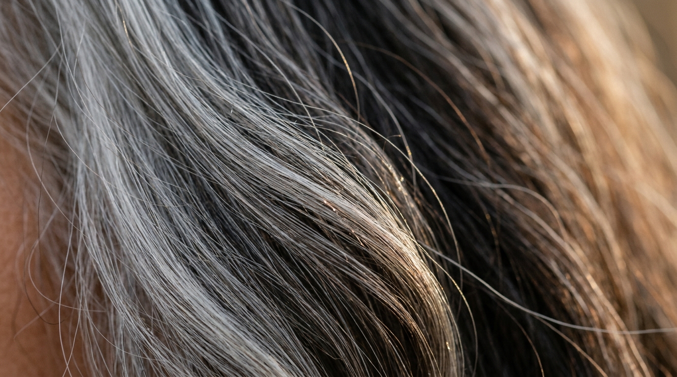 Mèches de cheveux gris en gros plan lumineux