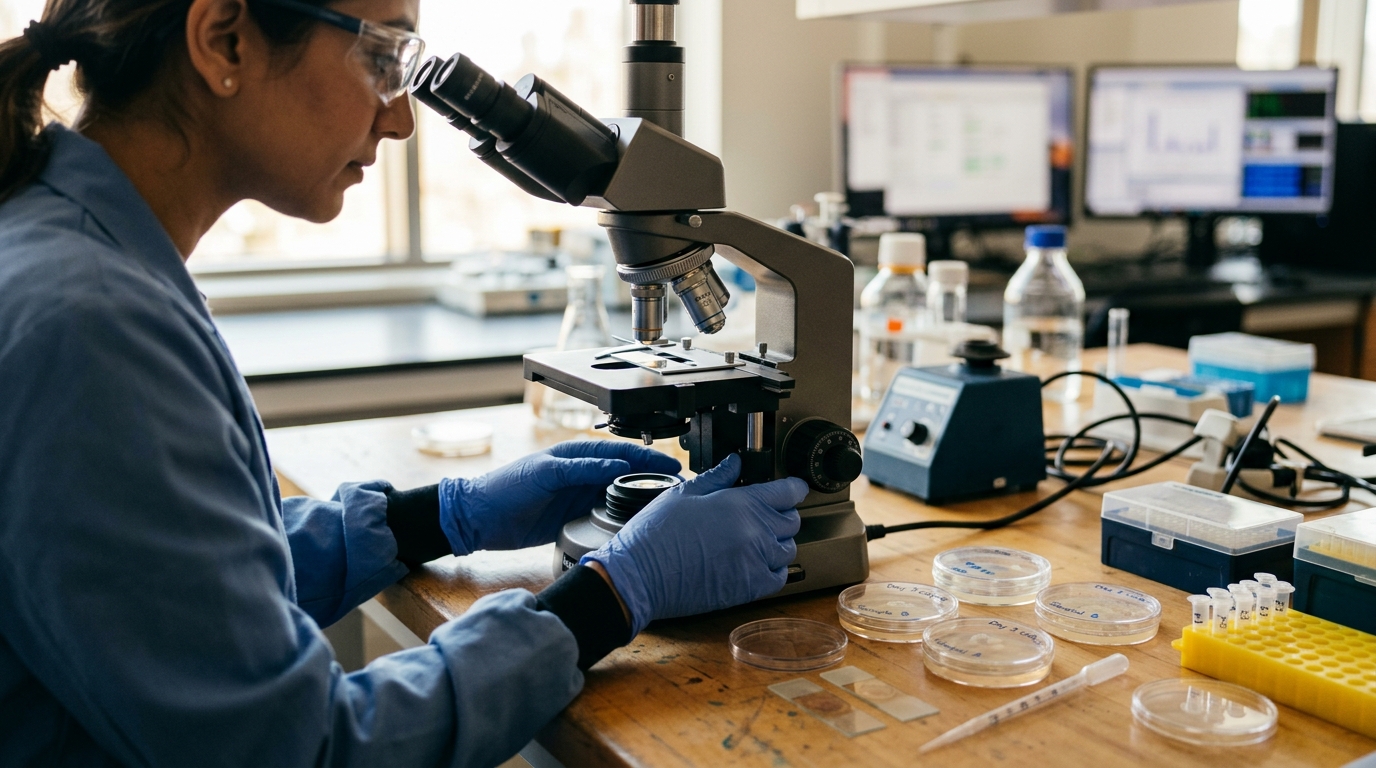 Mains gantées réglant un microscope en laboratoire